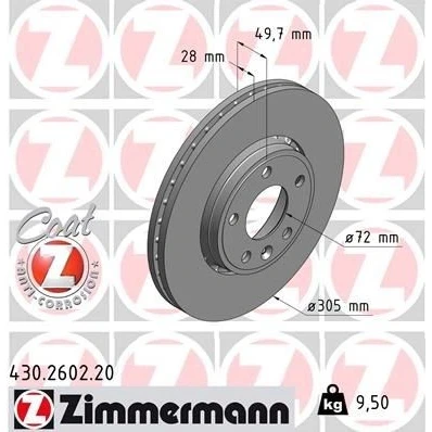 Bilde av ZIMMERMANN COAT Z 430.2602.20 Bremseskiver 305 28 6/5 5 118 utvendig ventilert belagt høy karbon OPEL: Vivaro A Combi, Van