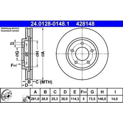 Bilde av ATE 24.0128 0148.1 Bremseskiver 281,0 28,0 5 114,3 ventilert belagt CHRYSLER: VOYAGER 4