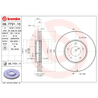 Bilde av BREMBO COATED DISC LINE 09.7731.11 Bremseskiver 305 28 5 innvendig ventilert belagt JAGUAR: XJ Sedan, XK 8 Coupé