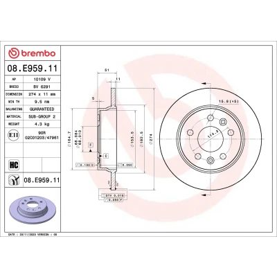 Bilde av BREMBO Bremseskive 274mm 11mm 5 fullt ut belagt høy karbon 08.E959.11 440A09225R Bremseskiver, Skivebremser