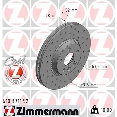 Bilde av ZIMMERMANN SPORT COAT Z 610.3711.52 Bremseskiver 316 28 6/5 5 108 utvendig ventilert, hullet belagt VOLVO: V60 I, V70 3, XC70 II Stasjonsvogn