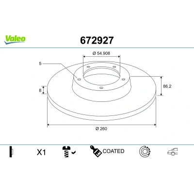 Bilde av VALEO Bremseskive RENAULT: Megane 3, 3 Grandtour, CC bakaksel 260mm 8mm 5 hull fullt ut belagt 672927 432001539R,432008191R,8660001615