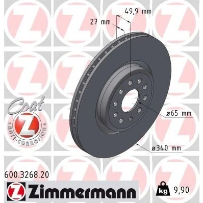Bilde av ZIMMERMANN Bremseskive AUDI: Q4 SUV 340mm 27mm 10/5 5 hull 112mm innvendig ventilert belagt høy karbon 600.3268.20 Bremseskiver, Skivebremser