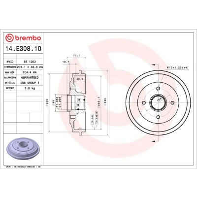 Bilde av BREMBO 14.E308.10 Bremsetrommel uten hjullagersett 203,1 PEUGEOT: 206 Hatchback, SW, CITROËN: C3 I Hatchback