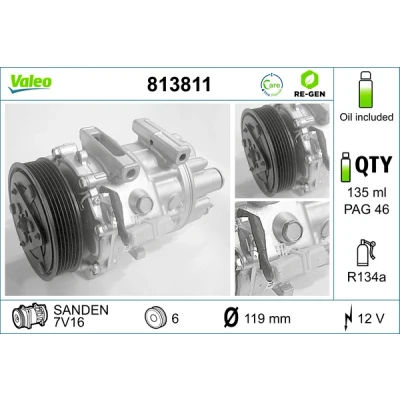 Bilde av VALEO 813811 Kompressor 7V16 12 PAG 46 R 134a med kompressorlje REMANUFACTURED PEUGEOT: Expert II Van