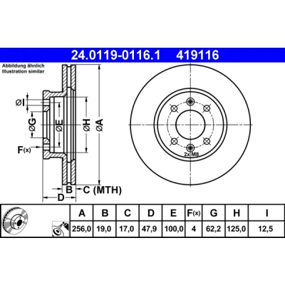Bilde av ATE 24.0119 0116.1 Bremseskiver 256,0 19,0 4 100,0 ventilert belagt HYUNDAI: Getz