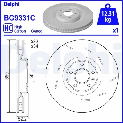 Bilde av DELPHI BG9331C Bremseskiver 350 34 5 ventilert belagt høy karbon uten hjullager, ABS sensorring PORSCHE: Macan