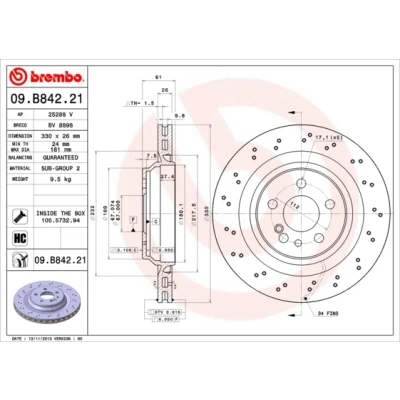 Bilde av BREMBO COATED DISC LINE 09.B842.21 Bremseskiver 330 26 5 perforert / ventilert belagt høy karbon med skruer MERCEDES BENZ: S Klasse Sedan