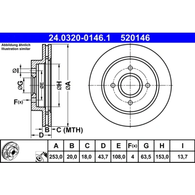 Bilde av ATE PowerDisc 24.0320 0146.1 Bremseskiver 253,0 20,0 4 108,0 ventilert belagt FORD: MONDEO 1 Kombi