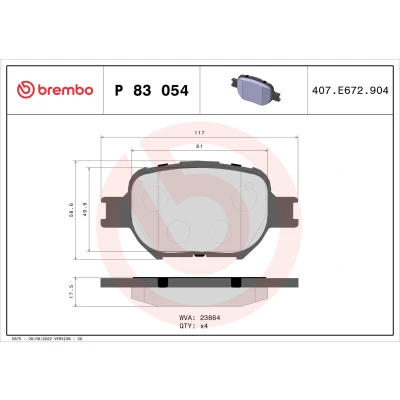 Bilde av BREMBO P 83 054 Bremseklosser ekskl. slitasjevarselkontakt uten tilbehør TOYOTA: Corolla IX Hatchback, Station Wagon, Celica VII Coupé