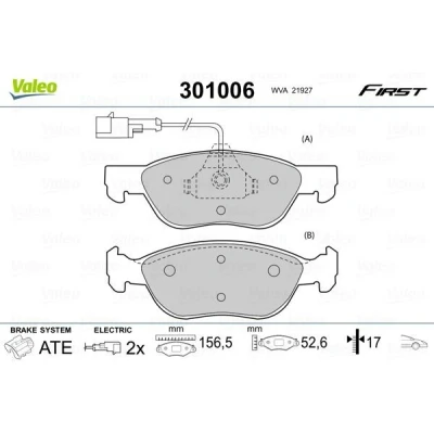 Bilde av VALEO 301006 Bremseklosser FIRST framaksel inkl. slitasjevarselkontakt uten antiskrike blikk ALFA ROMEO: 155, Spider, GTV, FIAT: Barchetta, Coupe