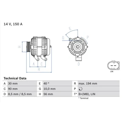 Bilde av BOSCH 0 986 082 560 Dynamo 14V 150A VOLVO: V50, V60 I, C30