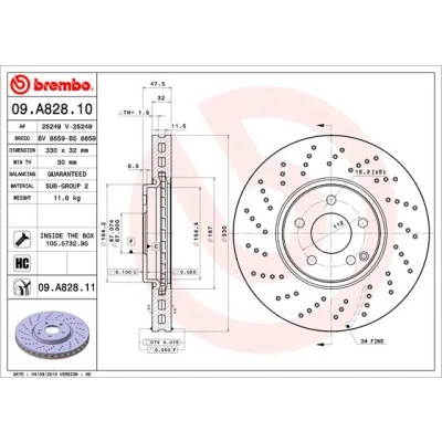Bilde av BREMBO COATED DISC LINE 09.A828.11 Bremseskiver 330 32 5 perforert / ventilert belagt høy karbon med skruer MERCEDES BENZ: E Klasse T modell