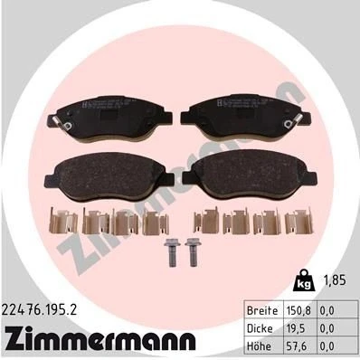 Bilde av ZIMMERMANN 22476.195.2 Bremseklosser med akustisk slitasjevarsel skruer Bildet viser leveranseinnholdet, glideplate