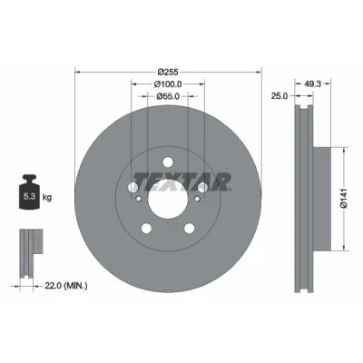 Bilde av TEXTAR PRO 92225003 Bremseskiver 255 25 05/07 100 innvendig ventilert belagt uten hjulfestebolt, hjulnav TOYOTA: Prius III Hatchback, LEXUS: CT