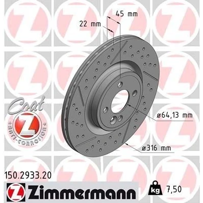 Bilde av ZIMMERMANN COAT Z 150.2933.20 Bremseskiver 316 22 5/4 5 100 innvendig ventilert, slisset / perforert belagt høy karbon MINI: Hatchback, Clubman