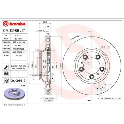 Bilde av BREMBO 09.C986.21 Bremseskiver 350 34 5 innvendig ventilert belagt høy karbon med skruer