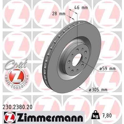 Bilde av ZIMMERMANN COAT Z 230.2380.20 Bremseskiver 305 28 10/5 5 98 innvendig ventilert belagt FIAT: Doblo II Varebil / Stasjonsvogn, 500L