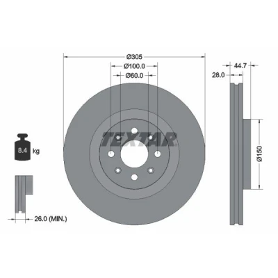 Bilde av TEXTAR 92202203 Bremseskiver 305 28 04/08 100 innvendig ventilert belagt uten hjulfestebolt, hjulnav PRO+ FIAT: Grande Punto Hatchback