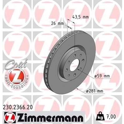 Bilde av ZIMMERMANN Bremseskive ALFA ROMEO: MiTo, FIAT: BRAVO 2, LANCIA: DELTA 3 COAT Z 26mm 8/4 4 hull 98mm innvendig ventilert belagt 230.2366.20 46535086