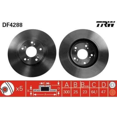 Bilde av TRW DF4288 Bremseskiver 300 25 5 114,3 ventilert spraylakkert HONDA: CIVIC 7 Hatchback