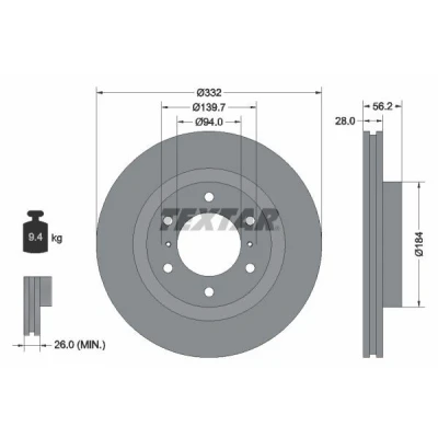 Bilde av TEXTAR PRO 92167203 Bremseskiver 332 28 06/08 139,7 innvendig ventilert belagt uten hjulfestebolt, hjulnav MITSUBISHI: PAJERO 4