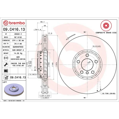 Bilde av BREMBO TWO PIECE DISCS LINE 09.C416.13 Bremseskiver 374 36 5 innvendig ventilert, todelt bremseskive belagt høy karbon med skruer BMW: 7, GT
