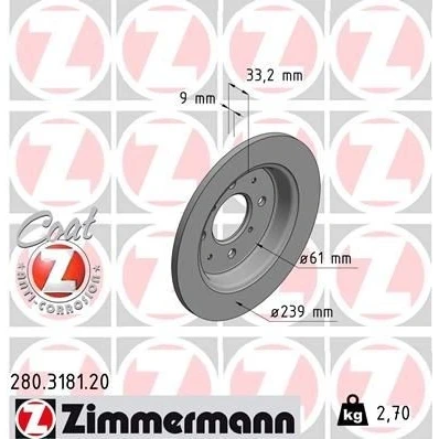 Bilde av ZIMMERMANN COAT Z 280.3181.20 Bremseskiver 239 9 8/4 4 100 fullt ut belagt HONDA: Jazz 3