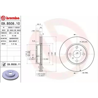 Bilde av BREMBO COATED DISC LINE 09.B508.11 Bremseskiver 255 20 4 innvendig ventilert belagt TOYOTA: iQ