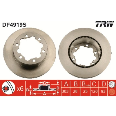 Bilde av TRW DF4919S Bremseskiver 303 28 6 145 ventilert spraylakkert høy karbon MERCEDES BENZ: Sprinter 3.5 T Flatvogn lastebil/Chassis, 5 Van