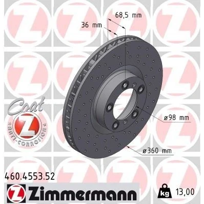 Bilde av ZIMMERMANN 460.4553.52 Bremseskiver 360 36 7/5 5 130 innvendig ventilert, hullet belagt høy karbon