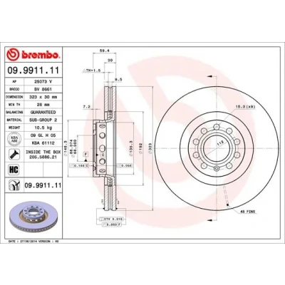 Bilde av BREMBO COATED DISC LINE 09.9911.11 Bremseskiver 323 30 5 innvendig ventilert belagt høy karbon med skruer AUDI: A8 D2, D3, A6 C4 Avant