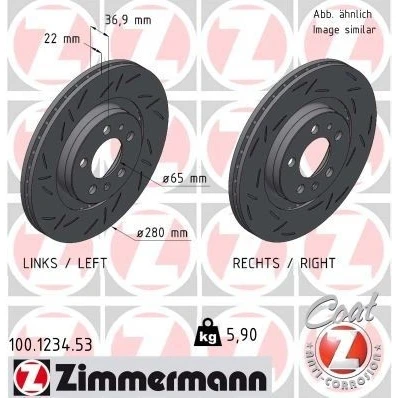 Bilde av ZIMMERMANN BLACK Z 100.1234.53 Bremseskiver 280 22 7/5 5 100 utvendig ventilert, med sliss belagt høy karbon VOLKSWAGEN: Golf 4, New Beetle Cabrio
