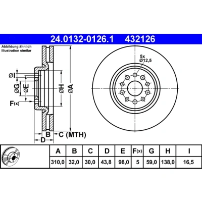 Bilde av ATE 24.0132 0126.1 Bremseskiver 310,0 32,0 5 98,0 ventilert belagt PEUGEOT: 807, CITROËN: C8