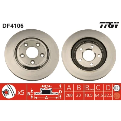 Bilde av TRW DF4106 Bremseskiver 288 20 5 108 ventilert spraylakkert JAGUAR: XJ Sedan, S Type