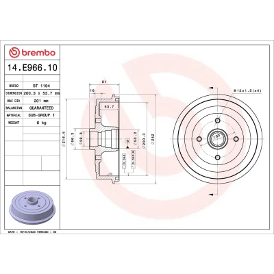 Bilde av BREMBO 14.E966.10 Bremsetrommel uten hjullagersett 200,3mm DAEWOO: Lanos Sedan