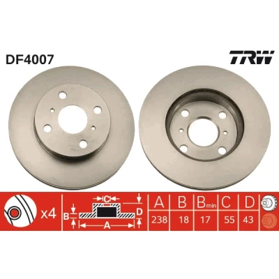 Bilde av TRW DF4007 Bremseskiver 238 18 4 100 ventilert spraylakkert TOYOTA: Starlet V Hatchback