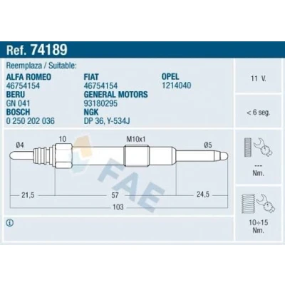 Bilde av FAE 74189 Glødeplugg 11V M 10x1 OPEL: Zafira B, Astra H Caravan, Vectra C Sedan, FIAT: Doblo I Cargo, Strada Pick up, SAAB: 9 3 Sedan