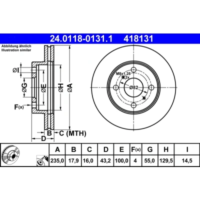 Bilde av ATE 24.0118 0131.1 Bremseskiver 235,0 17,9 4 100,0 ventilert belagt TOYOTA: Yaris I Hatchback