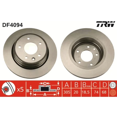 Bilde av TRW DF4094 Bremseskiver 305 20 5 121 ventilert spraylakkert JAGUAR: XJ Sedan, XK 8 Coupé