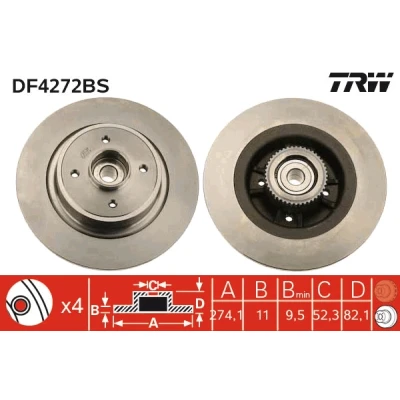 Bilde av TRW DF4272BS Bremseskiver 274 11 4 100 fullt ut med hjullager, ABS senorring RENAULT: SCENIC 2, Scénic 1, Megane I Grandtour