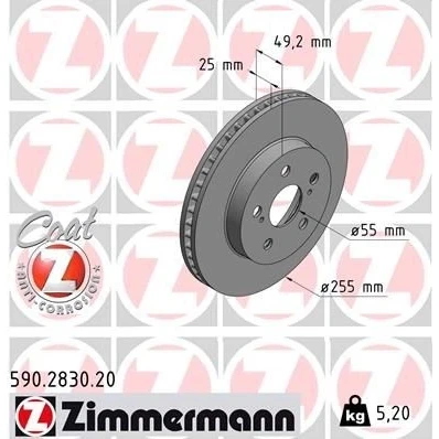 Bilde av ZIMMERMANN COAT Z 590.2830.20 Bremseskiver 255 25 7/5 5 100 innvendig ventilert belagt høy karbon TOYOTA: Prius PHV Hatchback