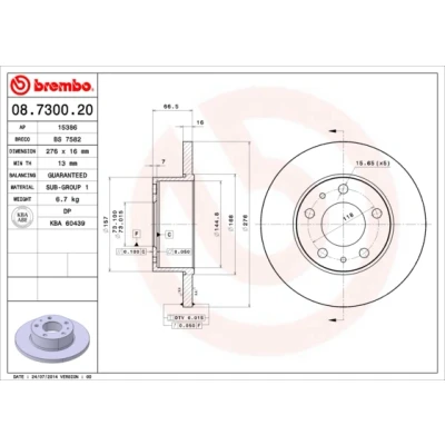 Bilde av BREMBO 08.7300.20 Bremseskiver 276 16 5 fullt ut IVECO: DAILY 3 Kasten/Kombi, Bus