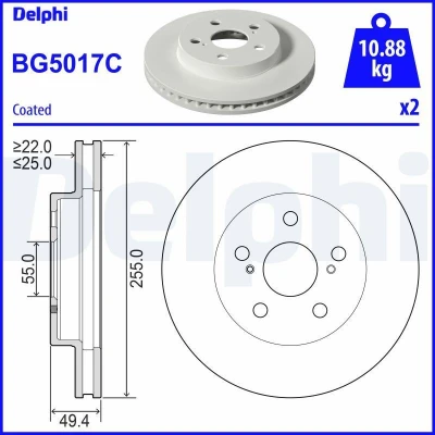 Bilde av DELPHI BG5017C Bremseskiver 255 25 5 ventilert belagt ubehandlet uten hjullager, ABS sensorring TOYOTA: Prius IV Liftback, PHV Hatchback