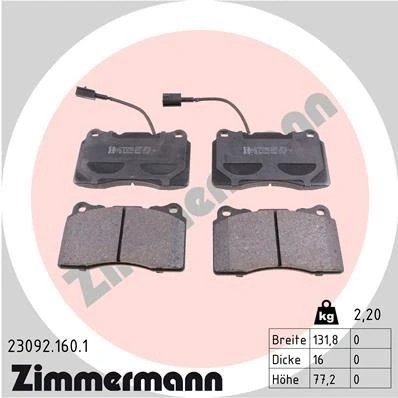 Bilde av ZIMMERMANN 23092.160.1 Bremseklosser inkl. slitasjevarselkontakt Bildet viser leveranseinnholdet ALFA ROMEO: 159 Sportwagon, 166, Brera