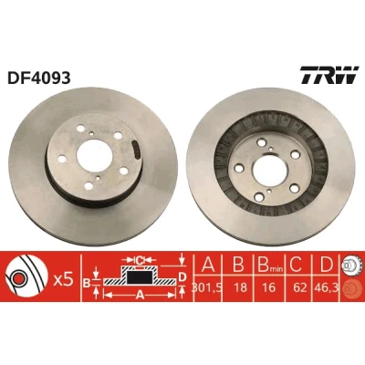 Bilde av TRW DF4093 Bremseskiver 301,5 17,9 5 114 ventilert spraylakkert TOYOTA: RAV4 I SUV
