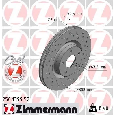 Bilde av ZIMMERMANN 250.1399.52 Bremseskiver 308 27 5/5 5 108 innvendig ventilert, hullet belagt FORD: Focus Mk4 Hatchback