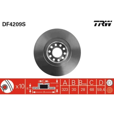 Bilde av TRW DF4209S Bremseskiver 323 30 10 112 ventilert spraylakkert høy karbon AUDI: A8 D3, A6 C4 Avant, D2