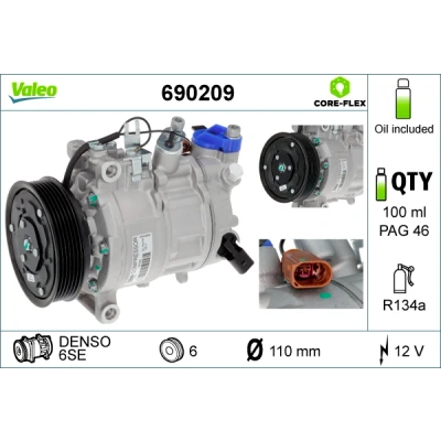 Bilde av VALEO 690209 Kompressor 6SE 12 PAG 46 R 134a med kompressorlje VOLKSWAGEN: Golf 7, AUDI: A6 C7 Avant, Q7, A3 Sedan, SKODA: Octavia 3 Combi