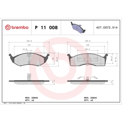 Bilde av BREMBO P 11 008 Bremseklosser ekskl. slitasjevarselkontakt med kolbleklips uten tilbehør CHRYSLER: Voyager / Grand 3, Vision